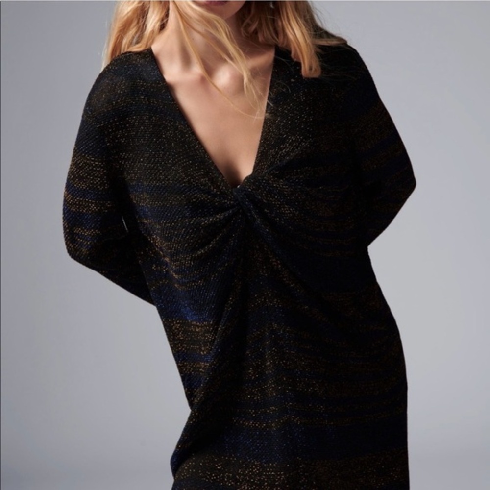 NWT Zara Metallic Knit Mini Tunic Dress with Gathered Neckline Size Small